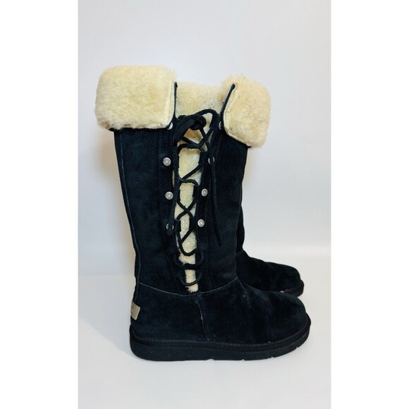 UGG Australia 5163 Upside Tall Suede Lace-Up Black Suede Shearling Boots US 6 - Picture 6 of 13